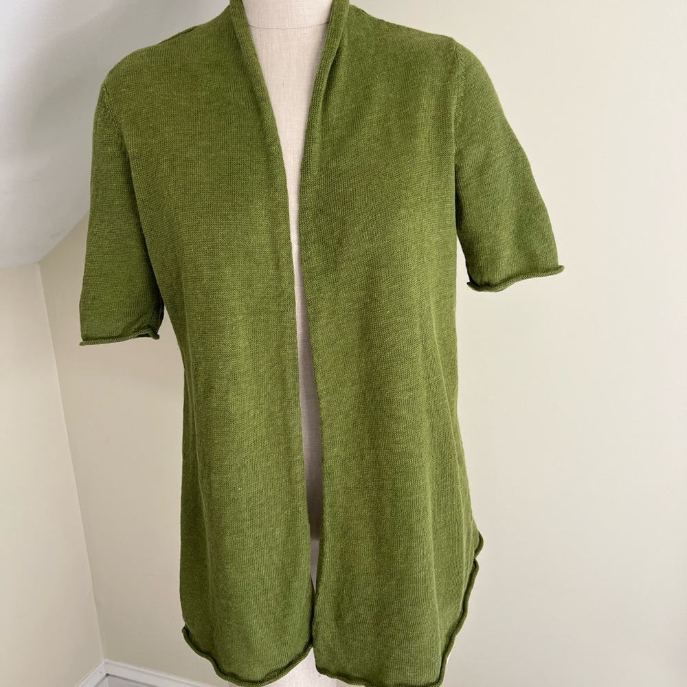 Eileen Fisher Olive Green Knit Short Sleeve Linen Open Cardigan Medium